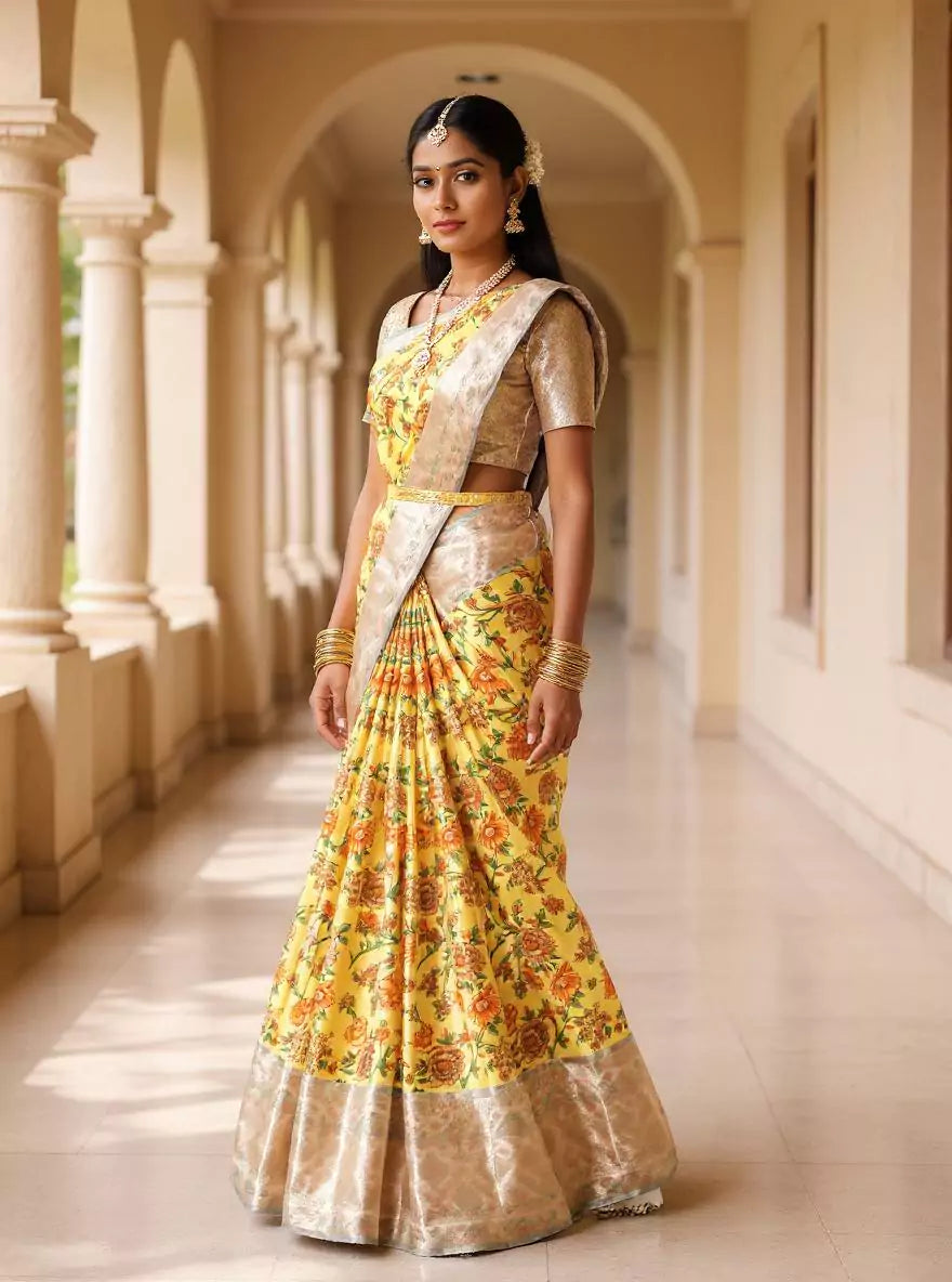 Yellow Floral Printed Tissue Fancy Saree