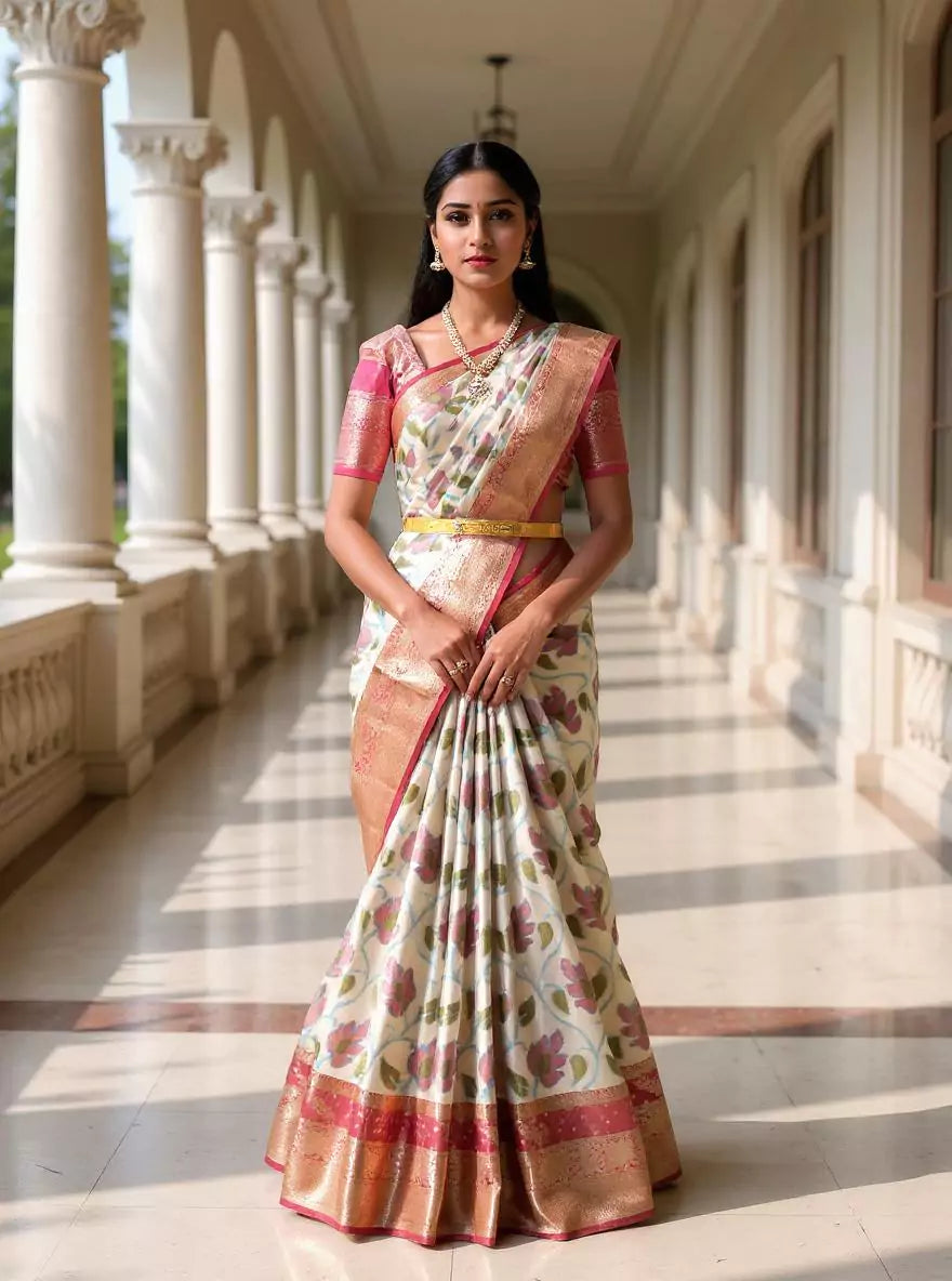 Decent Cream Ikat Tissue Saree with Kanchi Border
