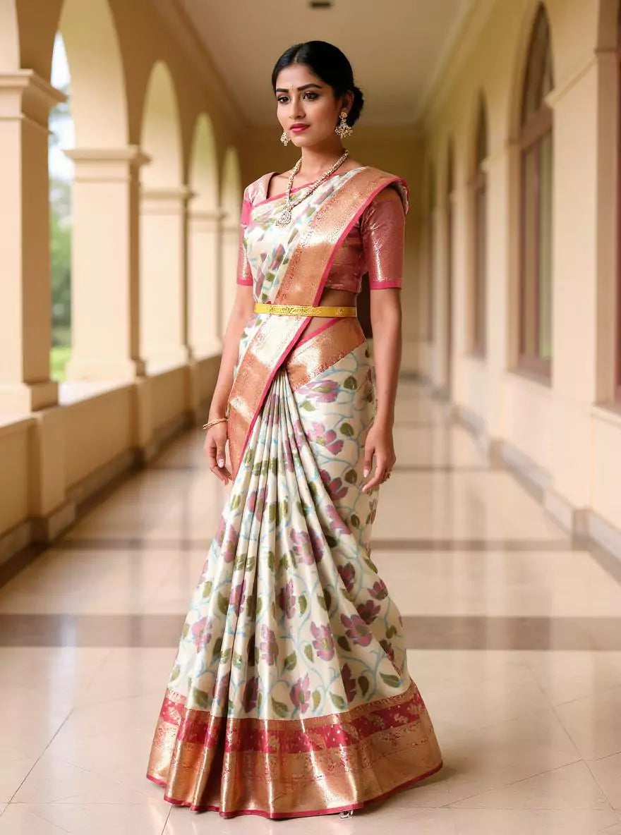Decent Cream Ikat Tissue Saree with Kanchi Border