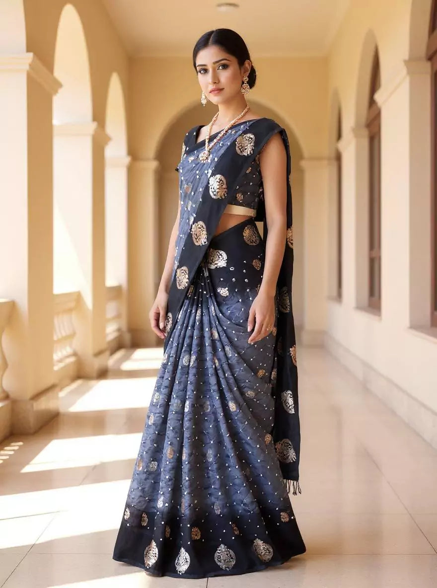 Grey Bandhini Print Chinon Silk Saree