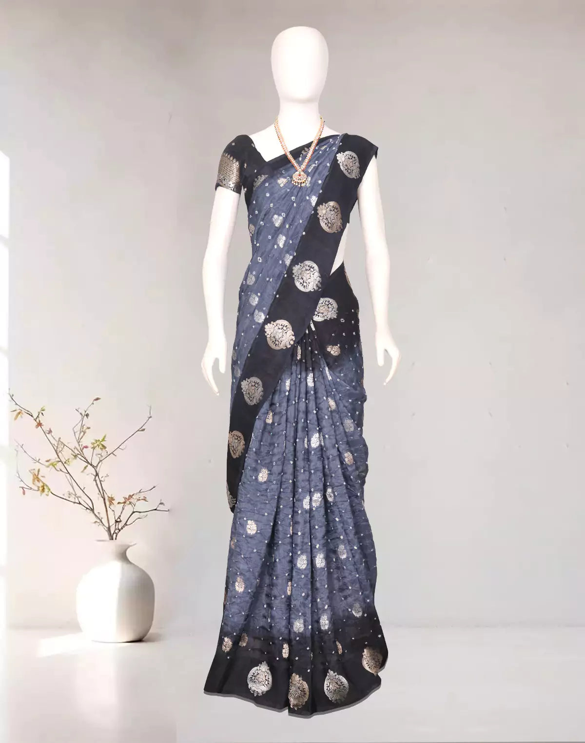 Grey Bandhini Print Chinon Silk Saree
