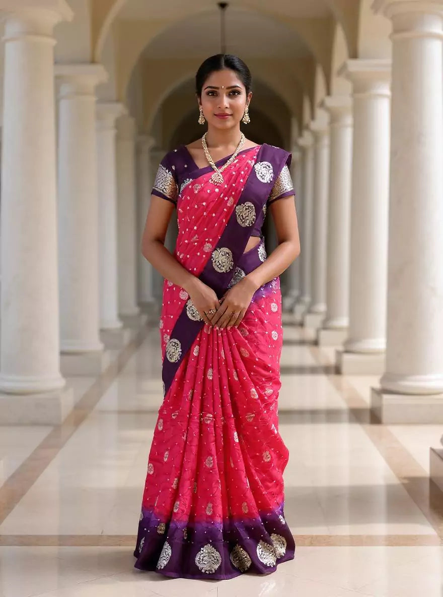 Pink and Purple Bandhini Print Chinon Silk Saree