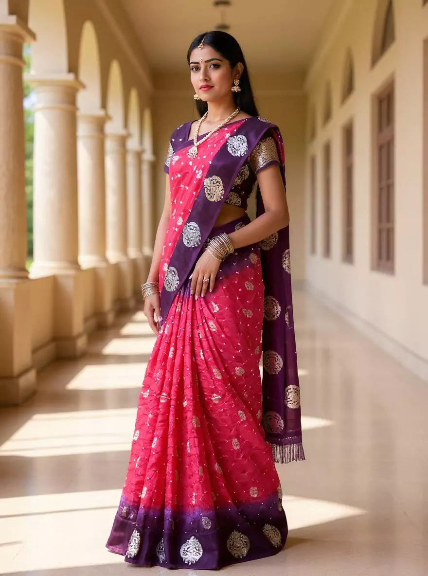 Pink and Purple Bandhini Print Chinon Silk Saree