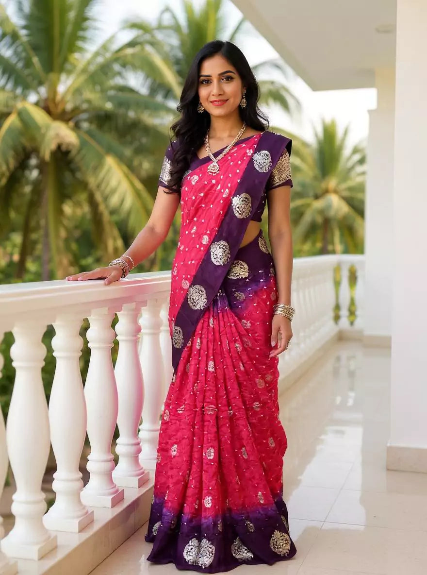 Pink and Purple Bandhini Print Chinon Silk Saree