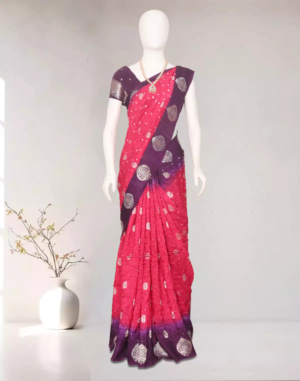 Pink and Purple Bandhini Print Chinon Silk Saree
