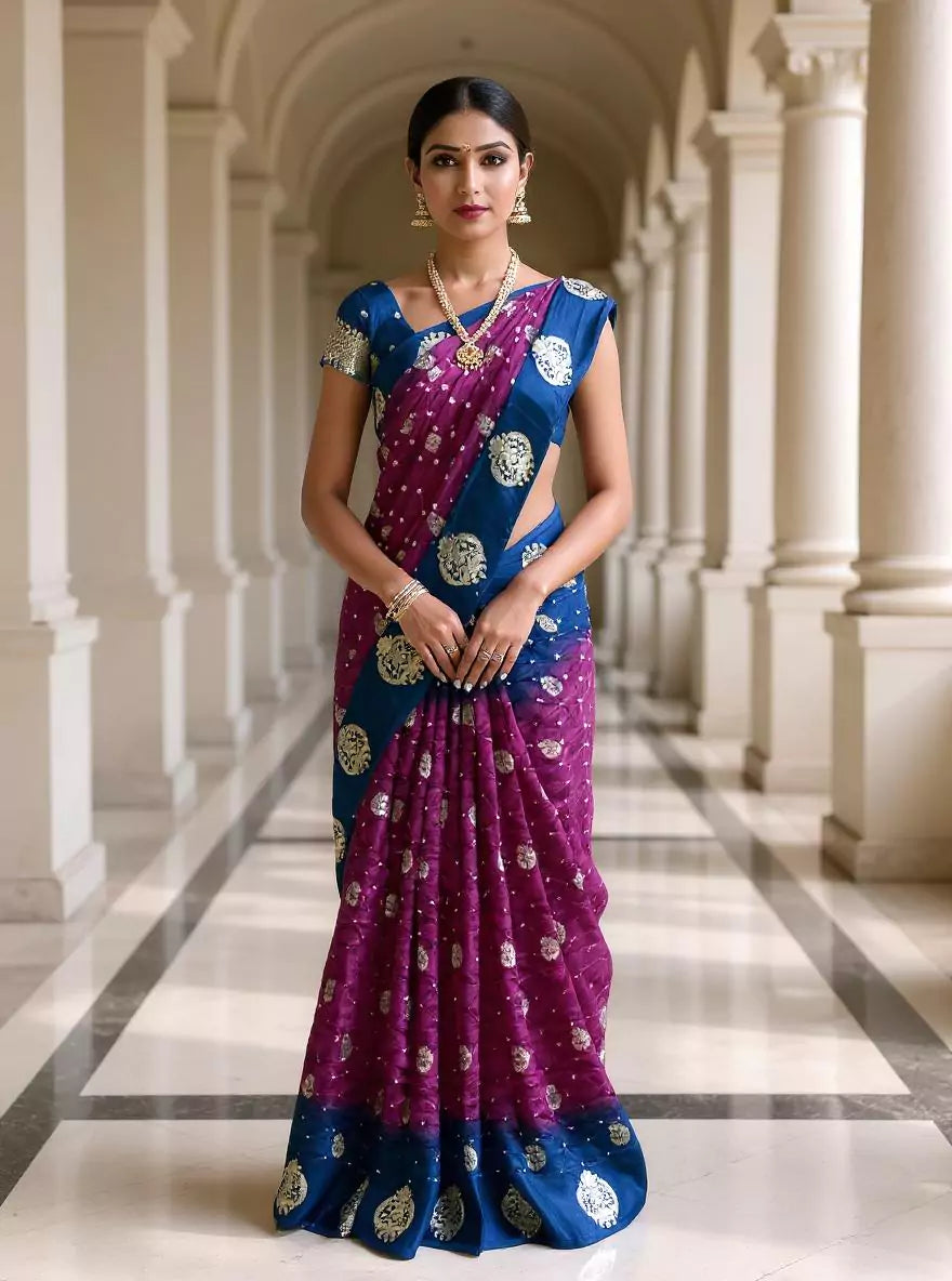 Violet Coloured Bandhini Print Chinon Silk Saree