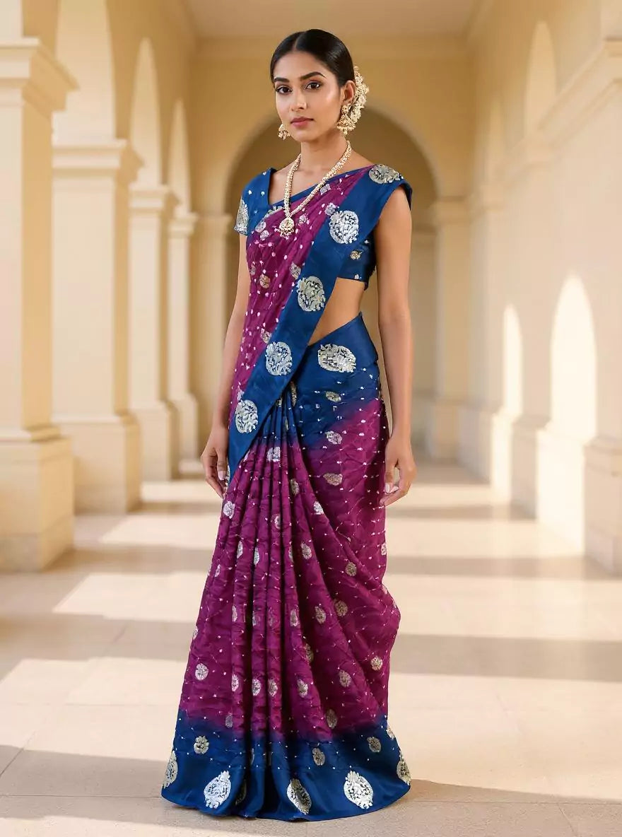Violet Coloured Bandhini Print Chinon Silk Saree