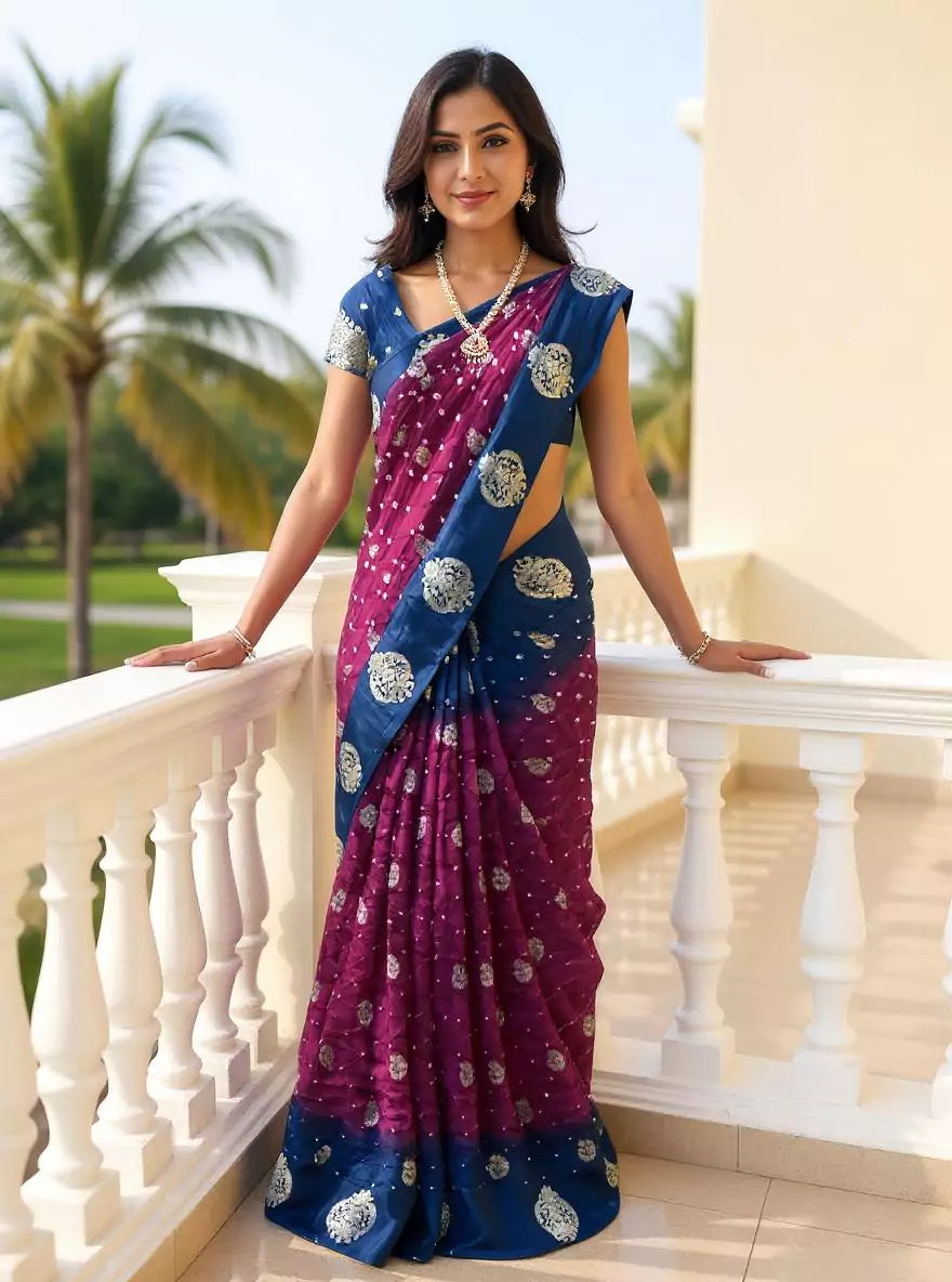 Violet Coloured Bandhini Print Chinon Silk Saree