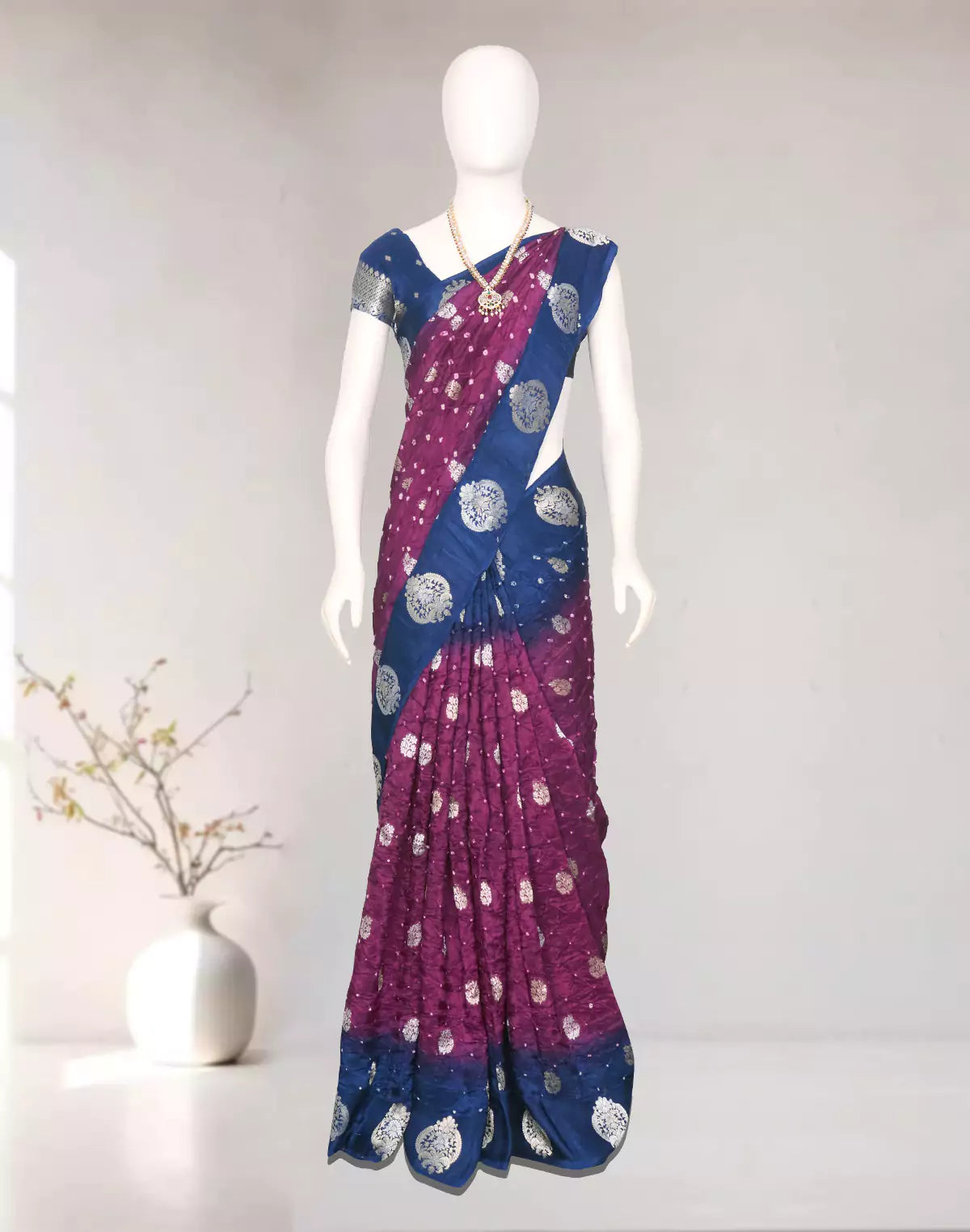 Violet Coloured Bandhini Print Chinon Silk Saree