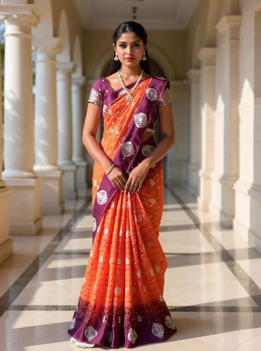 Orange and Wine Bandhini Print Chinon Silk Saree
