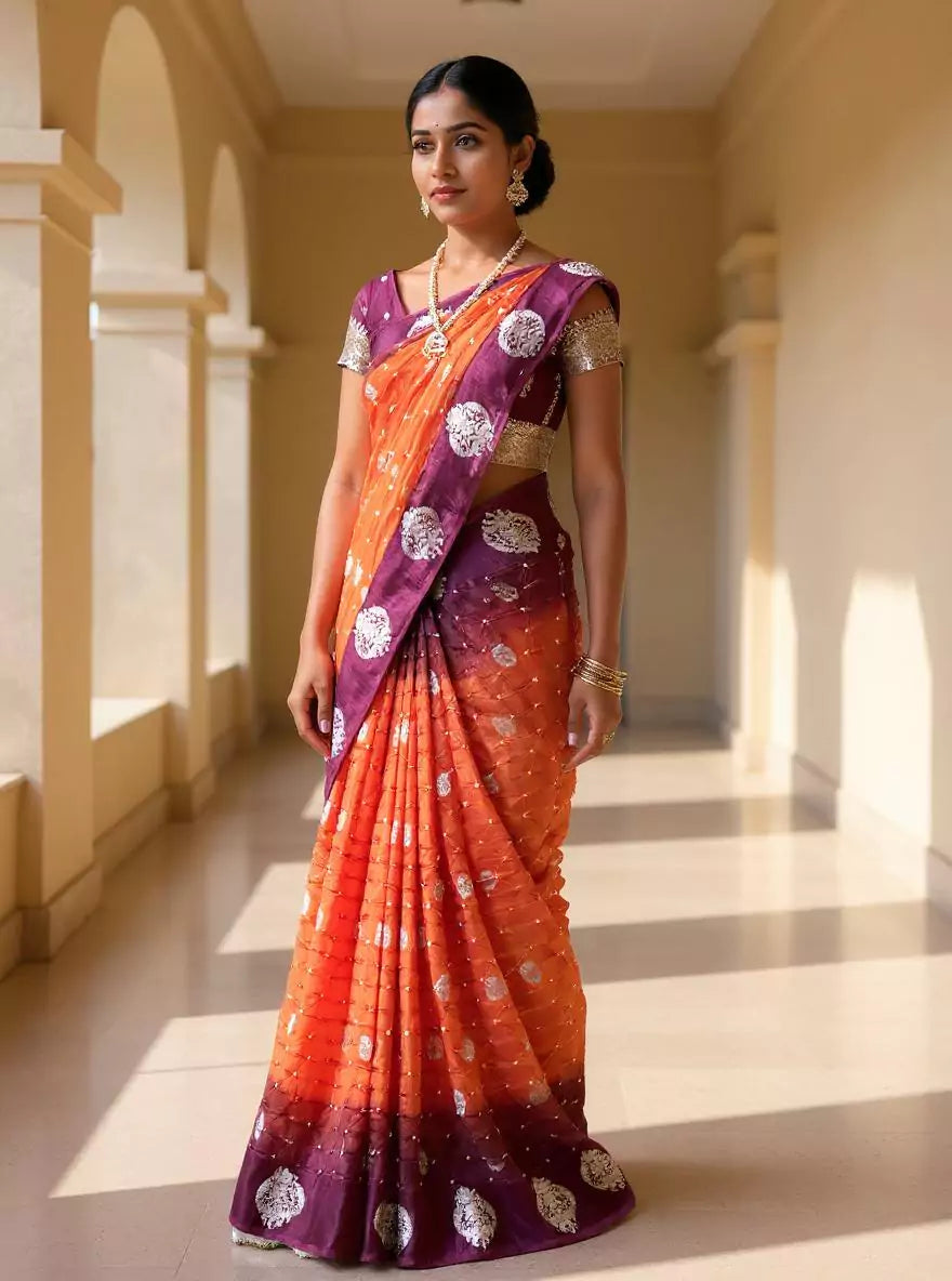 Orange and Wine Bandhini Print Chinon Silk Saree