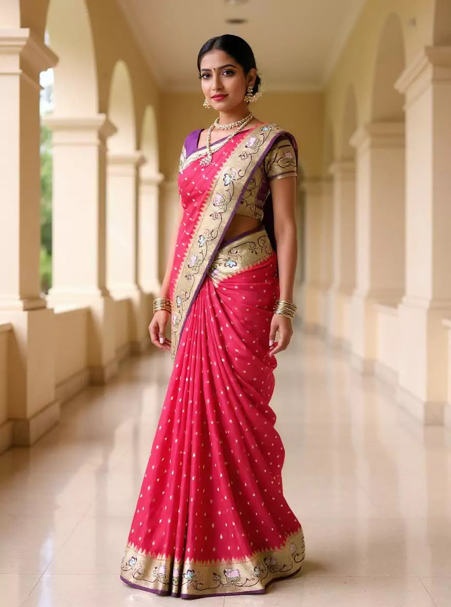 Magenta Zari Booti's Semi Georgette Fancy Saree
