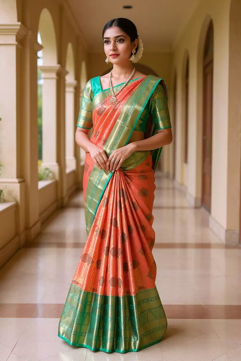 Double Shaded Pink Tissue Meenakari Design Kanchi Pattu Silk Saree