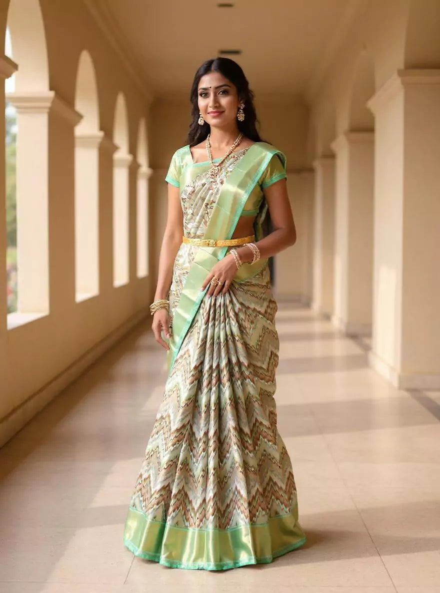 Double Shaded Tissue Jaal Multi Color Zig Zag Patterned Kanchi Padiya Pattu Silk Saree