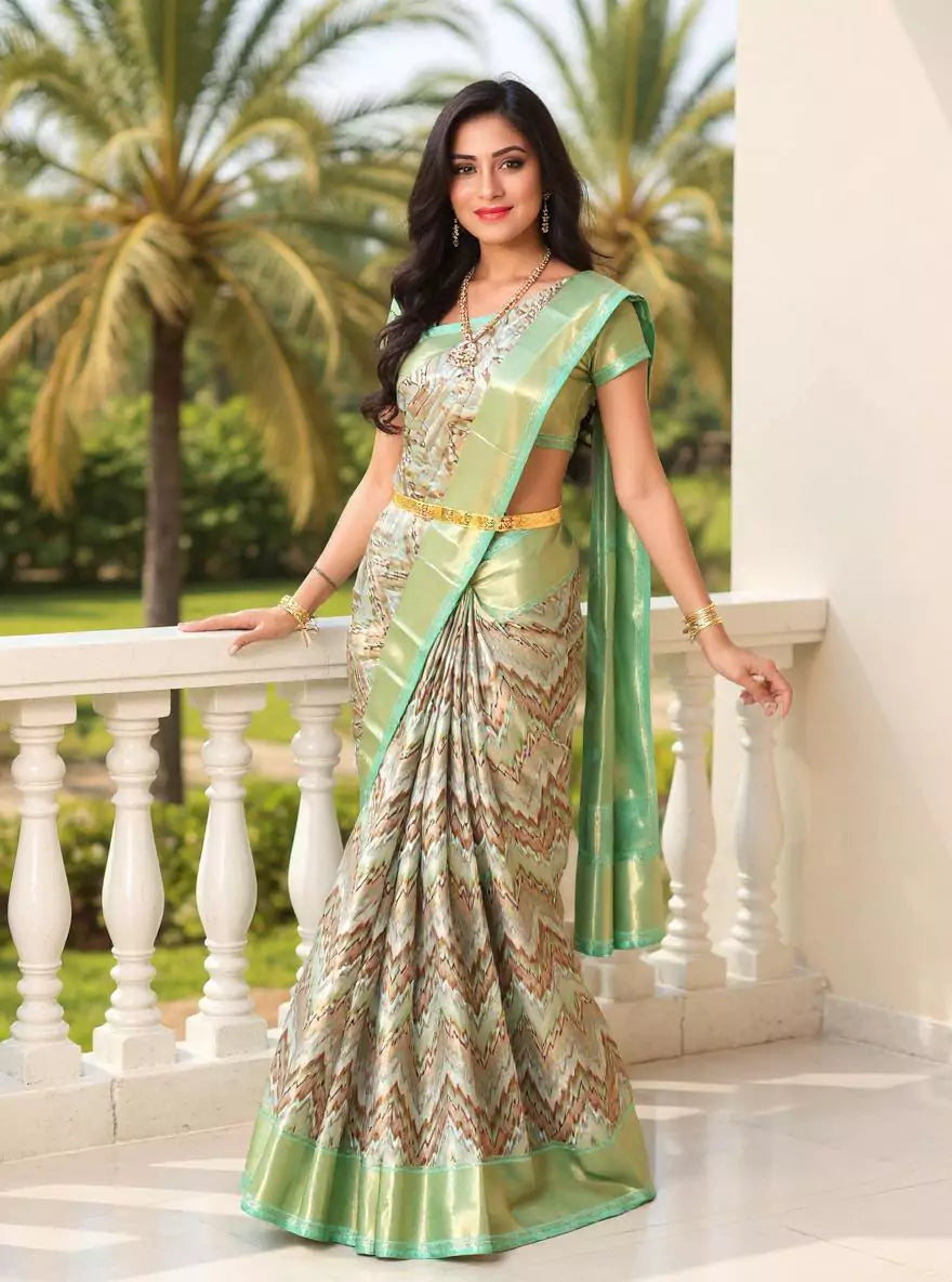 Double Shaded Tissue Jaal Multi Color Zig Zag Patterned Kanchi Padiya Pattu Silk Saree