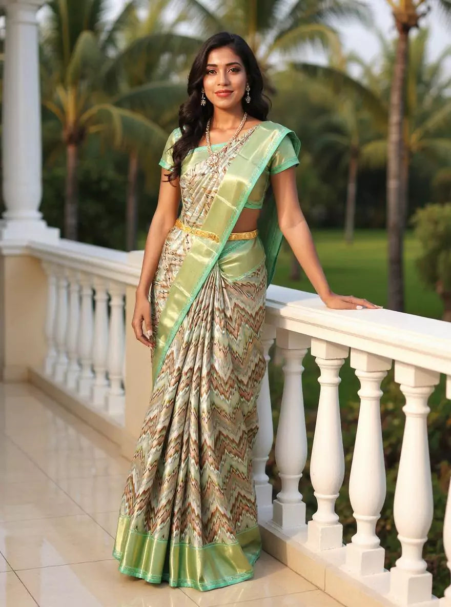 Double Shaded Tissue Jaal Multi Color Zig Zag Patterned Kanchi Padiya Pattu Silk Saree