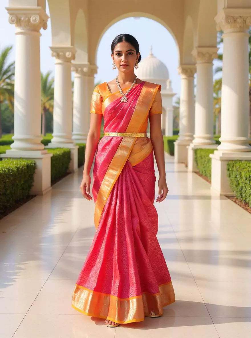 Pink Floral Golden Zari Contrast Border Silk Saree