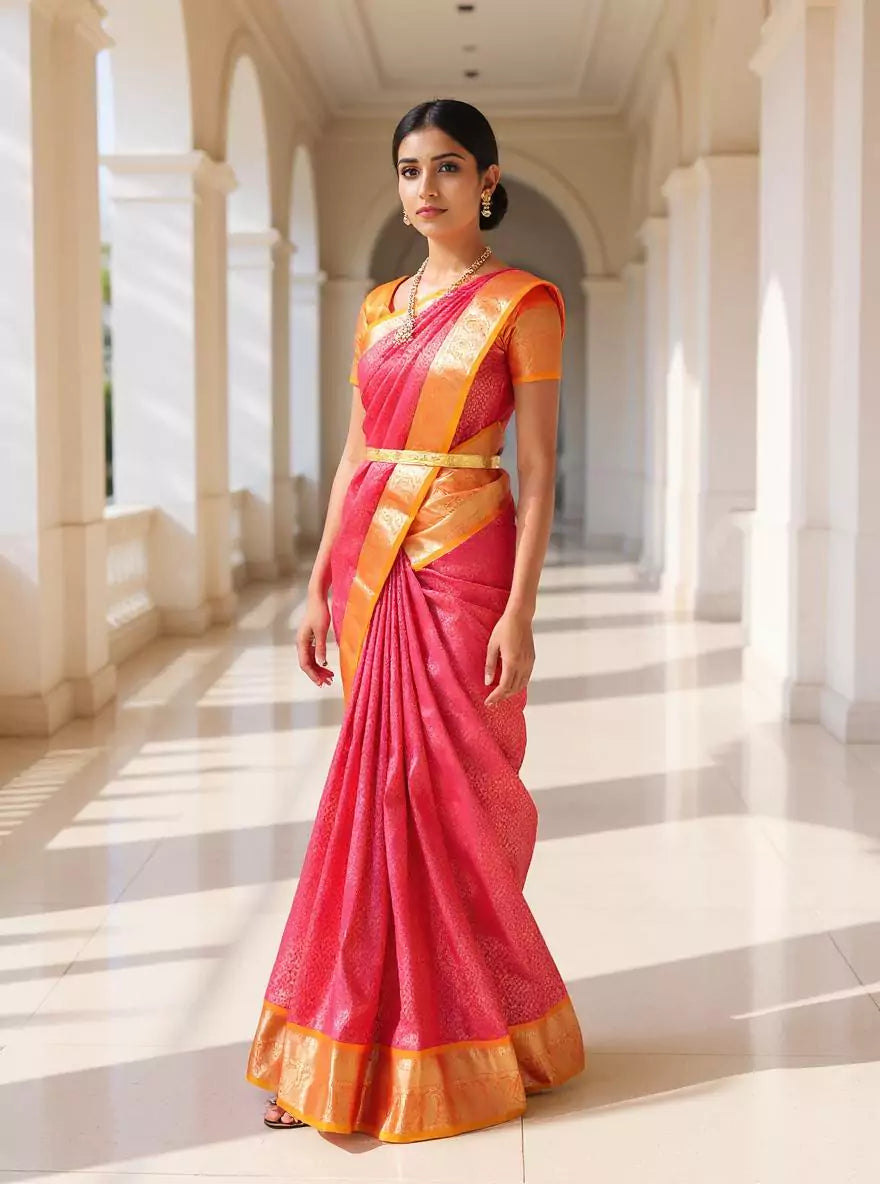 Pink Floral Golden Zari Contrast Border Silk Saree
