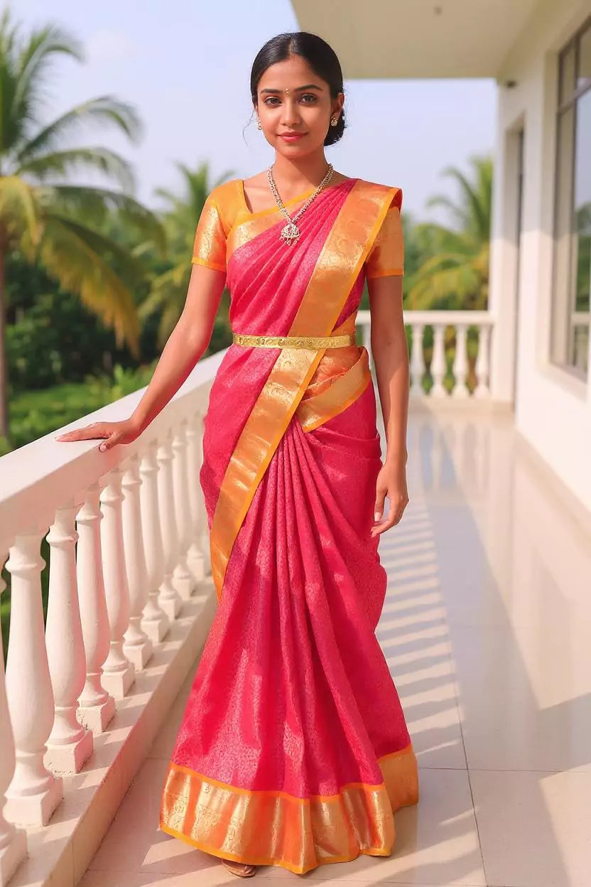 Pink Floral Golden Zari Contrast Border Silk Saree