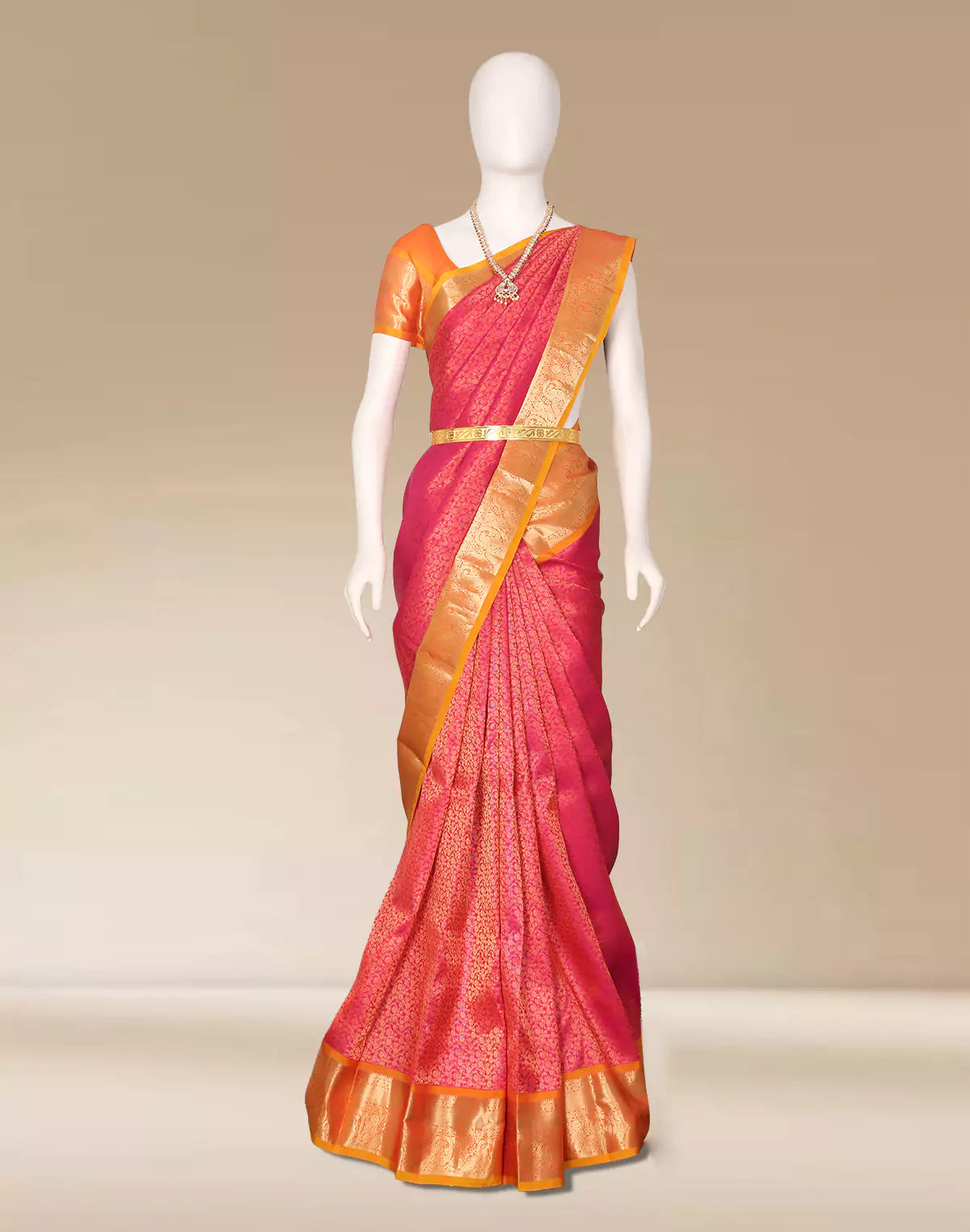 Pink Floral Golden Zari Contrast Border Silk Saree