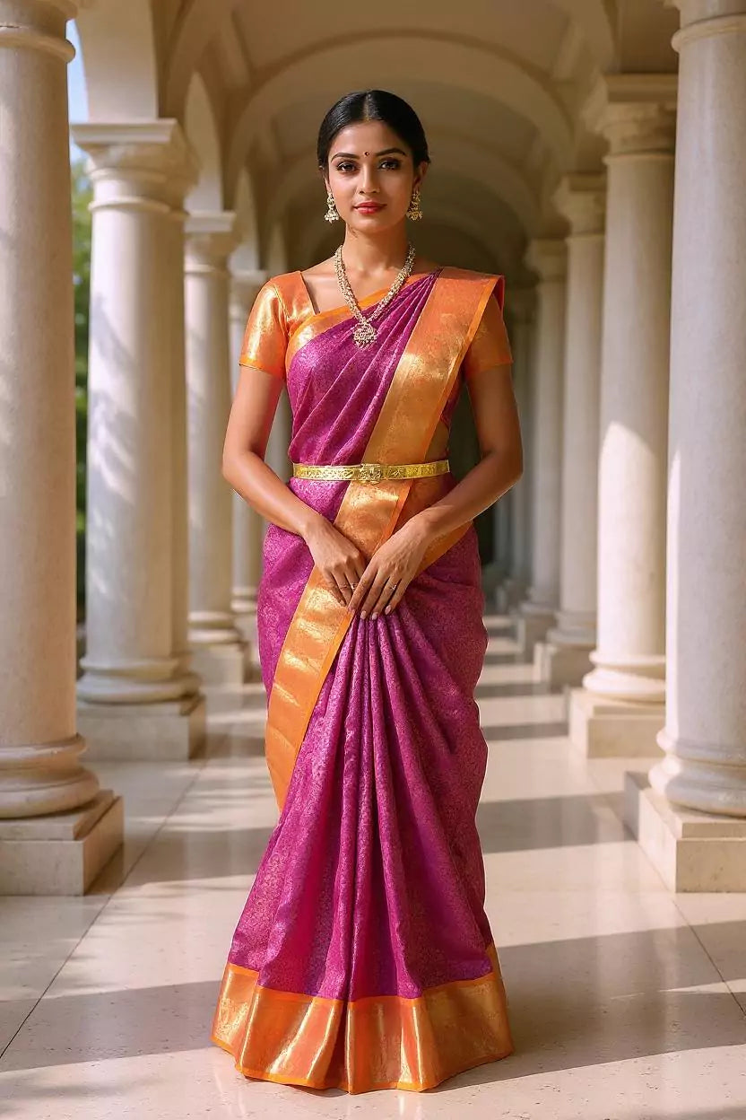 Magenta and Mustard Kanchi Pattu Contrast Saree