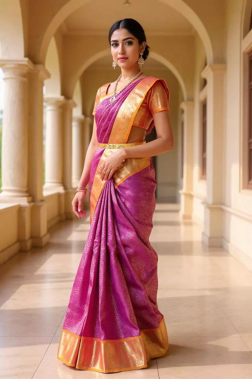 Magenta and Mustard Kanchi Pattu Contrast Saree