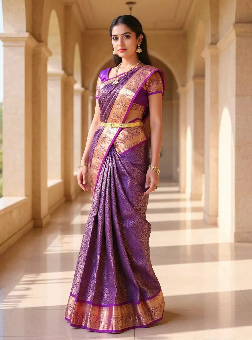 Light Purple Golden Floral Zari Kanchi Pattu Silk Saree