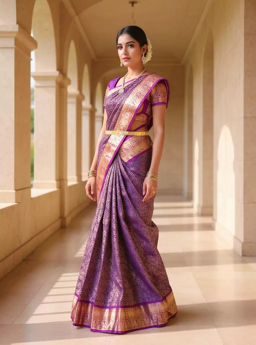 Light Purple Golden Floral Zari Kanchi Pattu Silk Saree