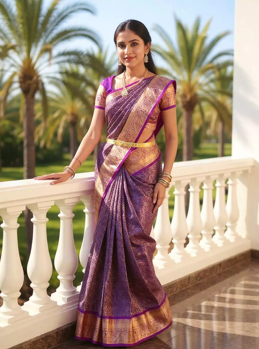 Light Purple Golden Floral Zari Kanchi Pattu Silk Saree