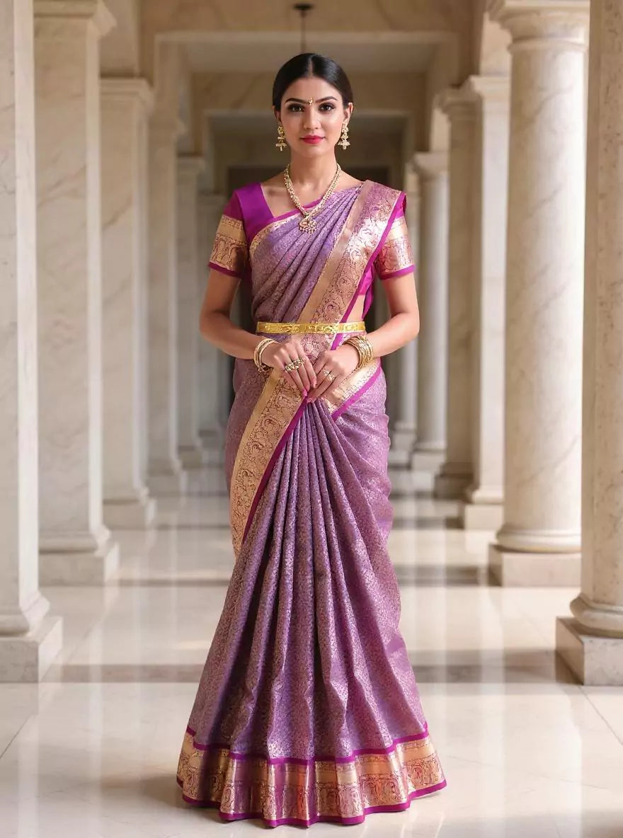 All Over Floral Golden Zari Kanhci Pattu Royal Blue Saree