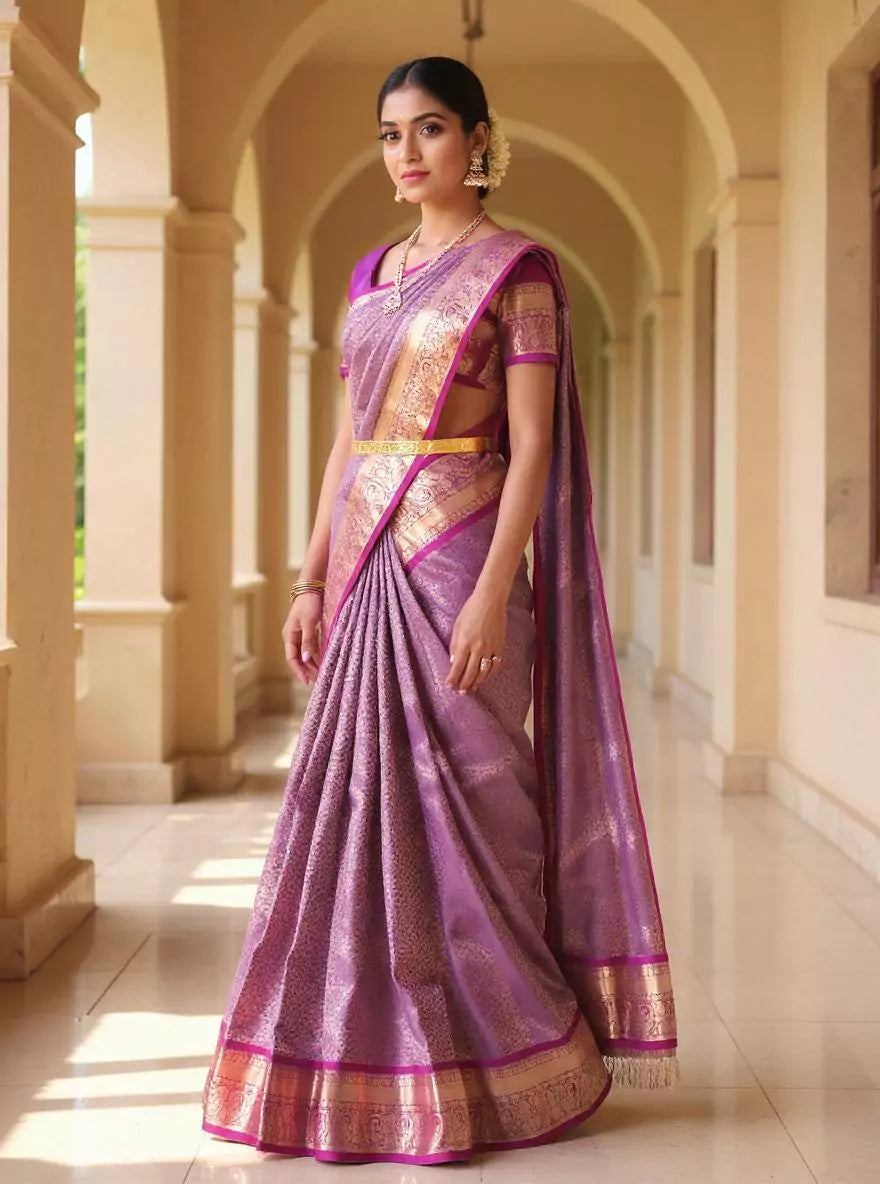 All Over Floral Golden Zari Kanhci Pattu Royal Blue Saree