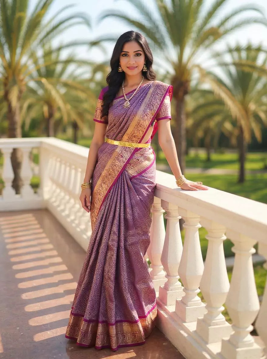 All Over Floral Golden Zari Kanhci Pattu Royal Blue Saree