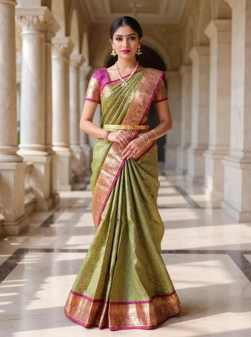 Mehendi Green Floral Brocade Kanchi Pattu Silk Saree