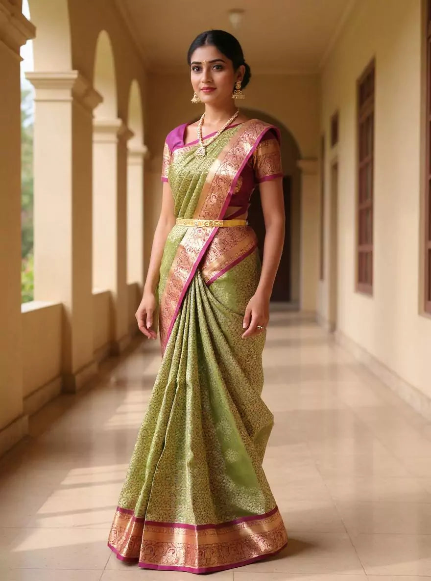 Mehendi Green Floral Brocade Kanchi Pattu Silk Saree