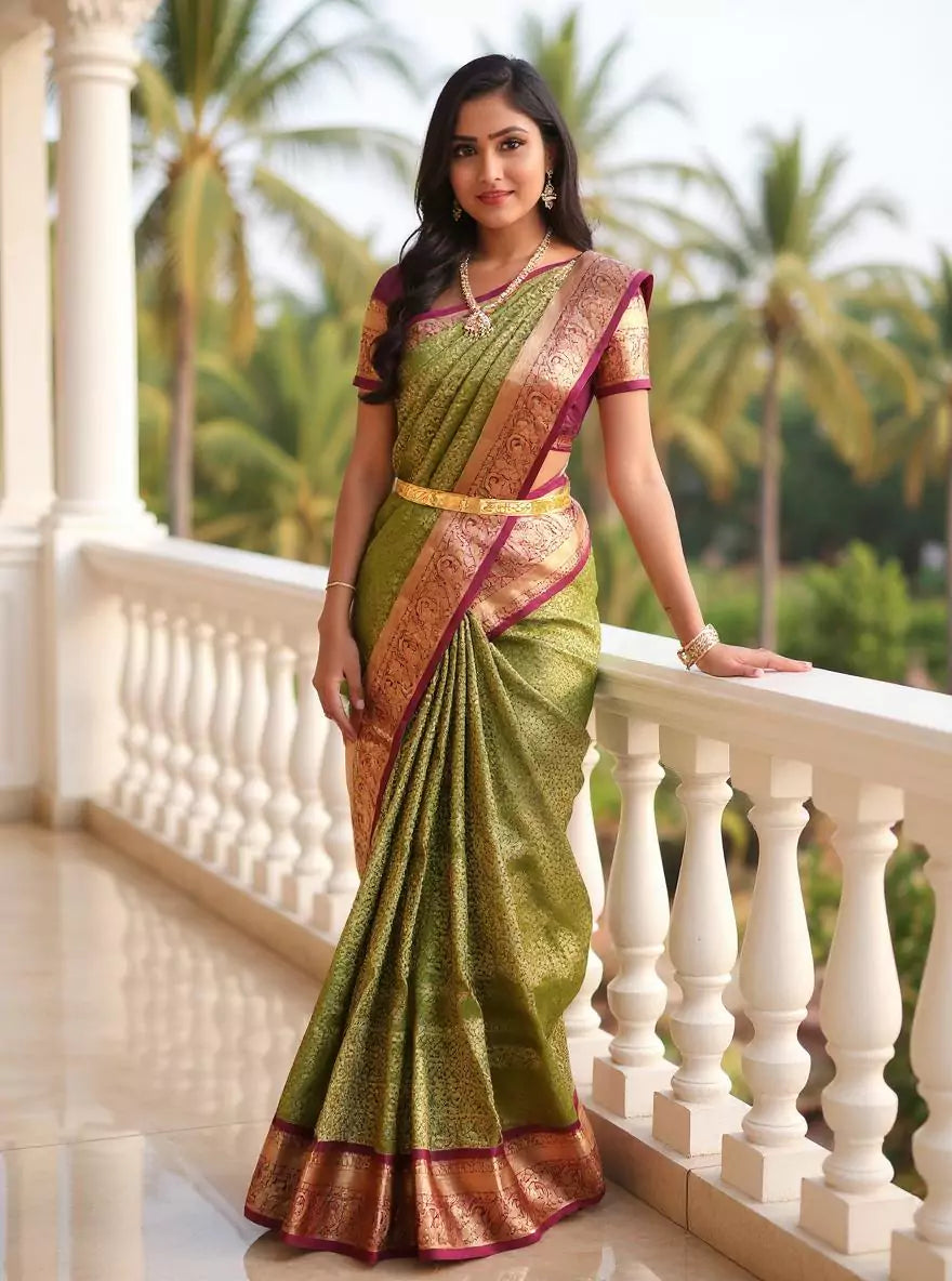 Mehendi Green Floral Brocade Kanchi Pattu Silk Saree