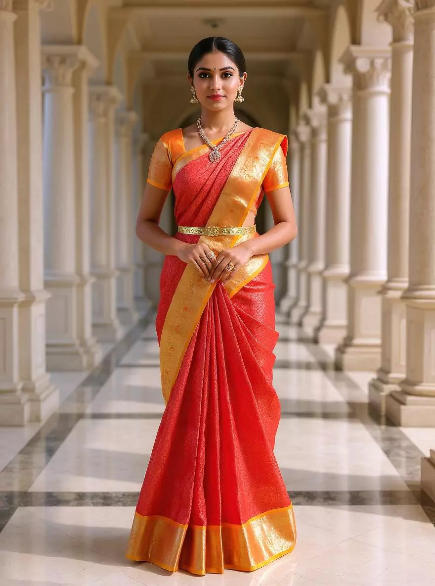 Elegant Red Color Golden Shade Kanchi Pattu Silk Saree