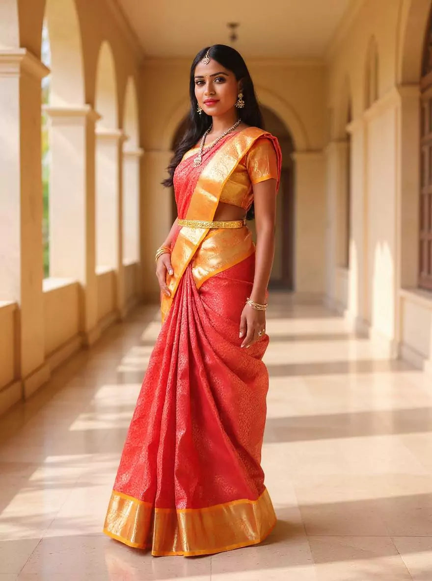 Elegant Red Color Golden Shade Kanchi Pattu Silk Saree