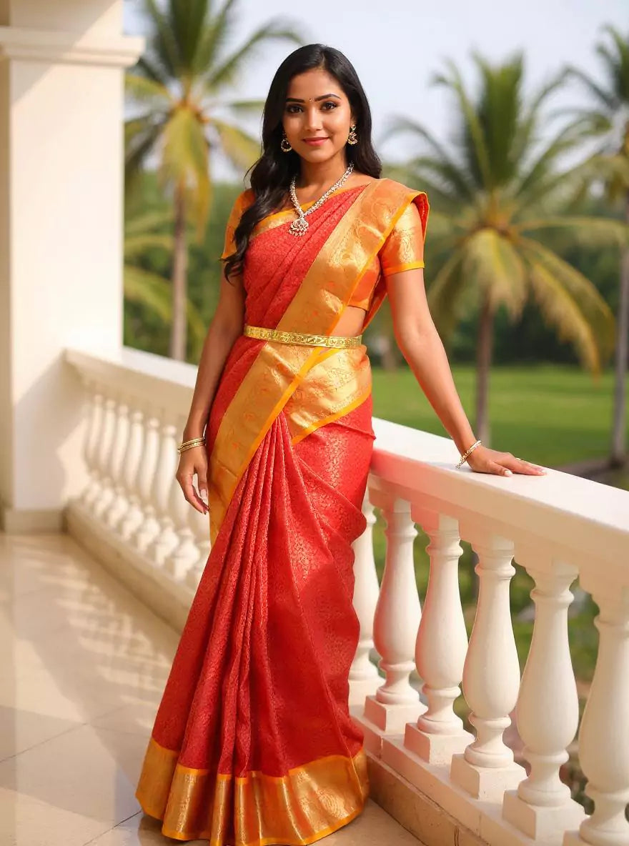 Elegant Red Color Golden Shade Kanchi Pattu Silk Saree