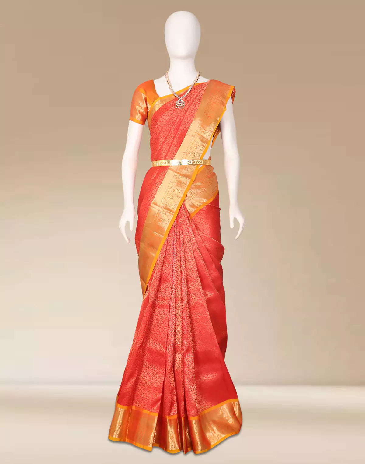 Elegant Red Color Golden Shade Kanchi Pattu Silk Saree
