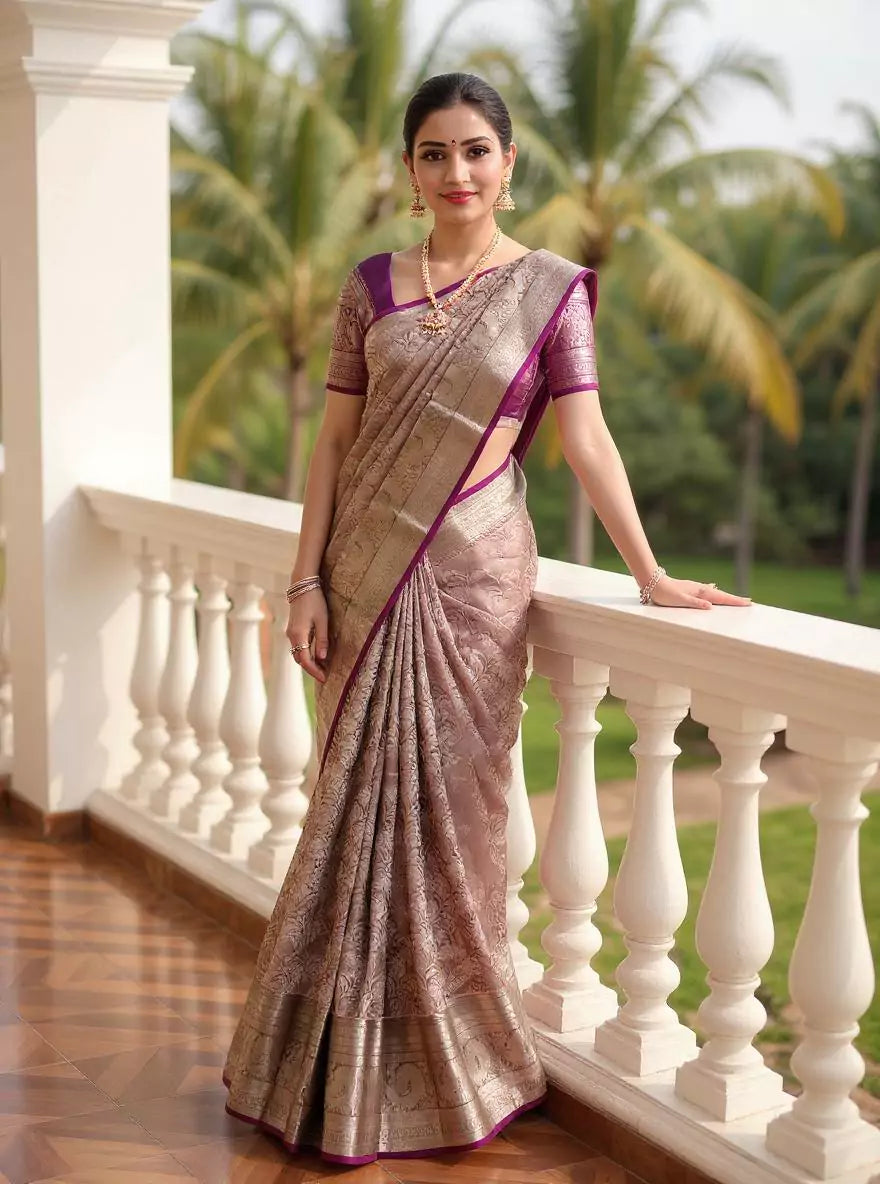 Light Grey Silver Floral Zari Kanchi Pattu Saree