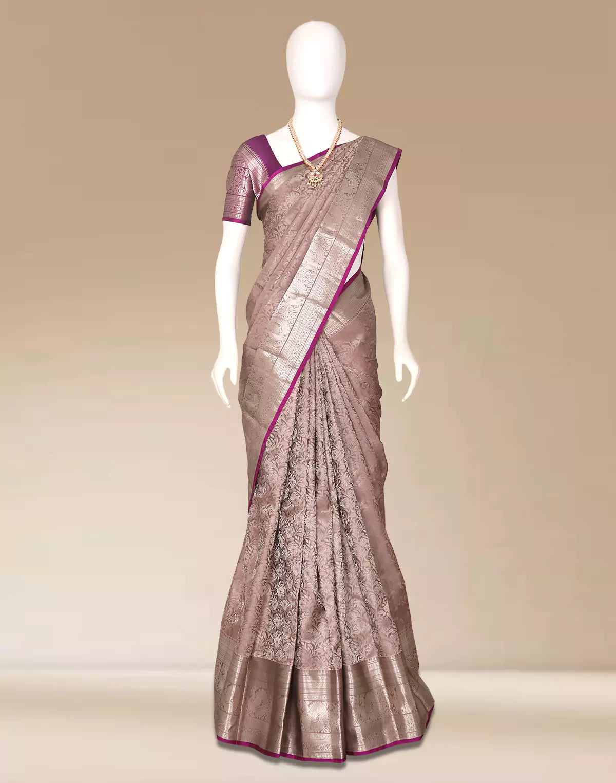Light Grey Silver Floral Zari Kanchi Pattu Saree