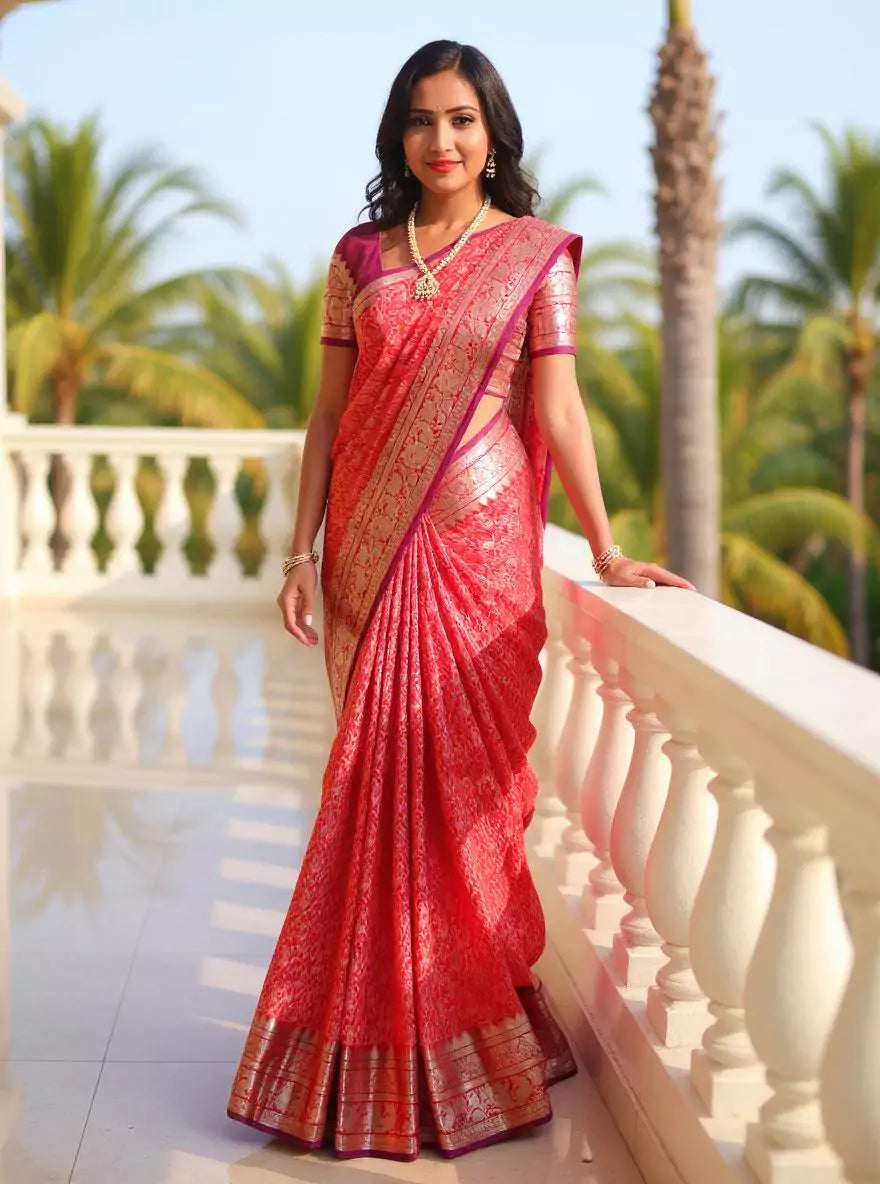 Red Silver Paisely Design Kanchi Pattu Saree
