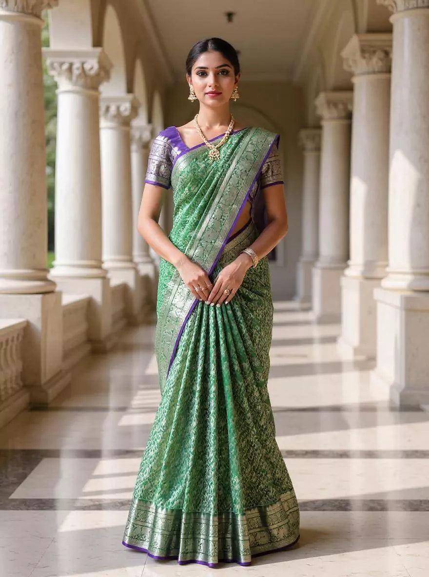 Dark Green Silver Paisely Zari work Kanchi Pattu Silk Saree