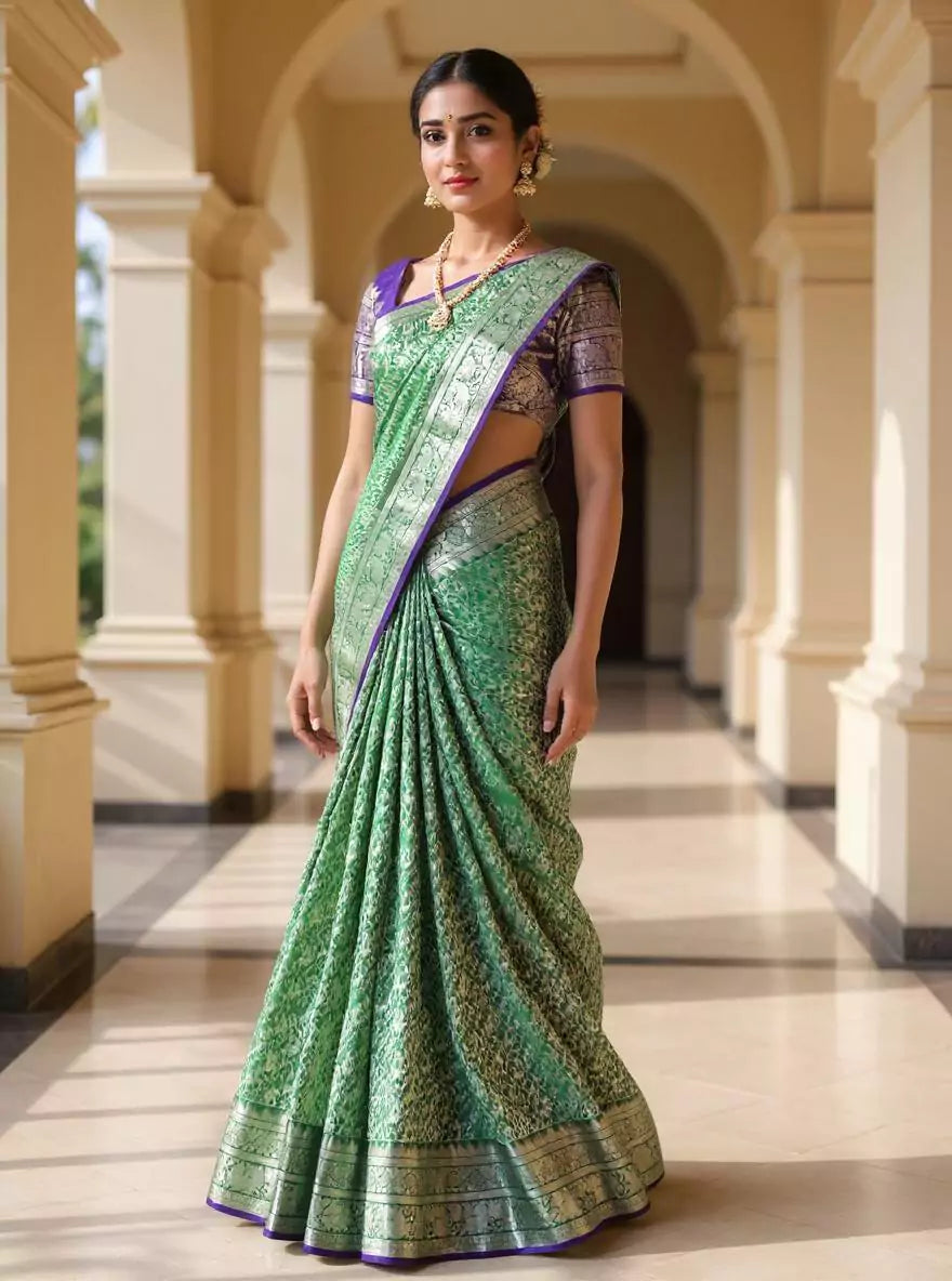 Dark Green Silver Paisely Zari work Kanchi Pattu Silk Saree
