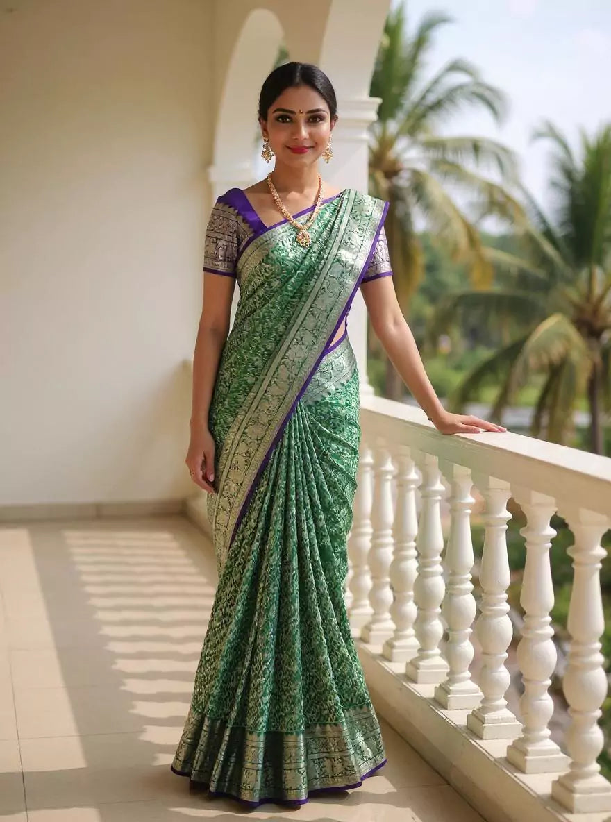Dark Green Silver Paisely Zari work Kanchi Pattu Silk Saree