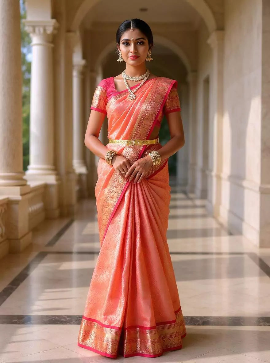 Peach Kanchi Pattu Silk Saree with Golden Zari Work