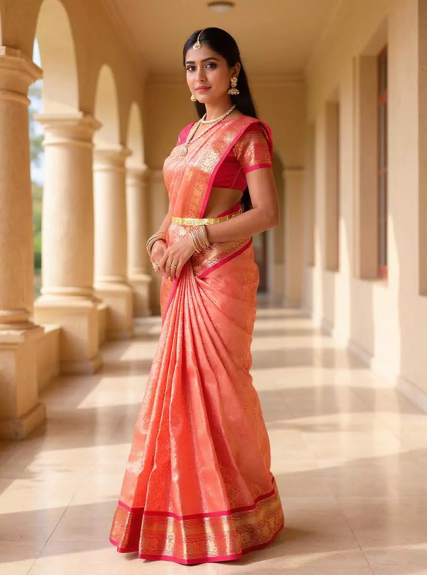 Peach Kanchi Pattu Silk Saree with Golden Zari Work