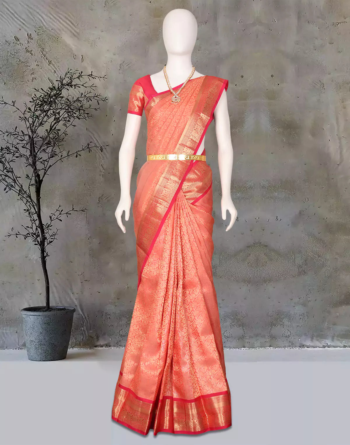Peach Kanchi Pattu Silk Saree with Golden Zari Work