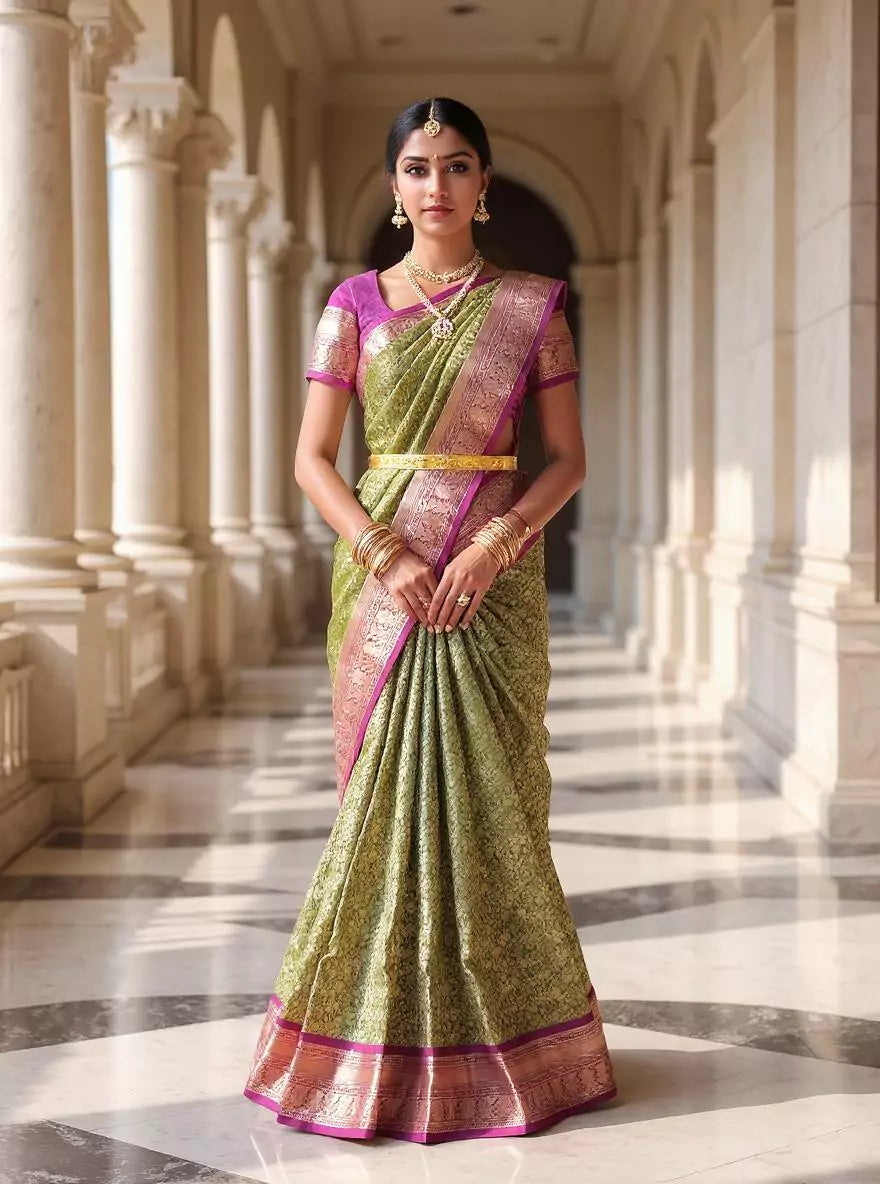 Mehendi Green Floral Golden Zari Kanchi Pattu Saree
