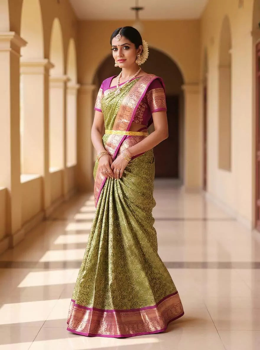 Mehendi Green Floral Golden Zari Kanchi Pattu Saree